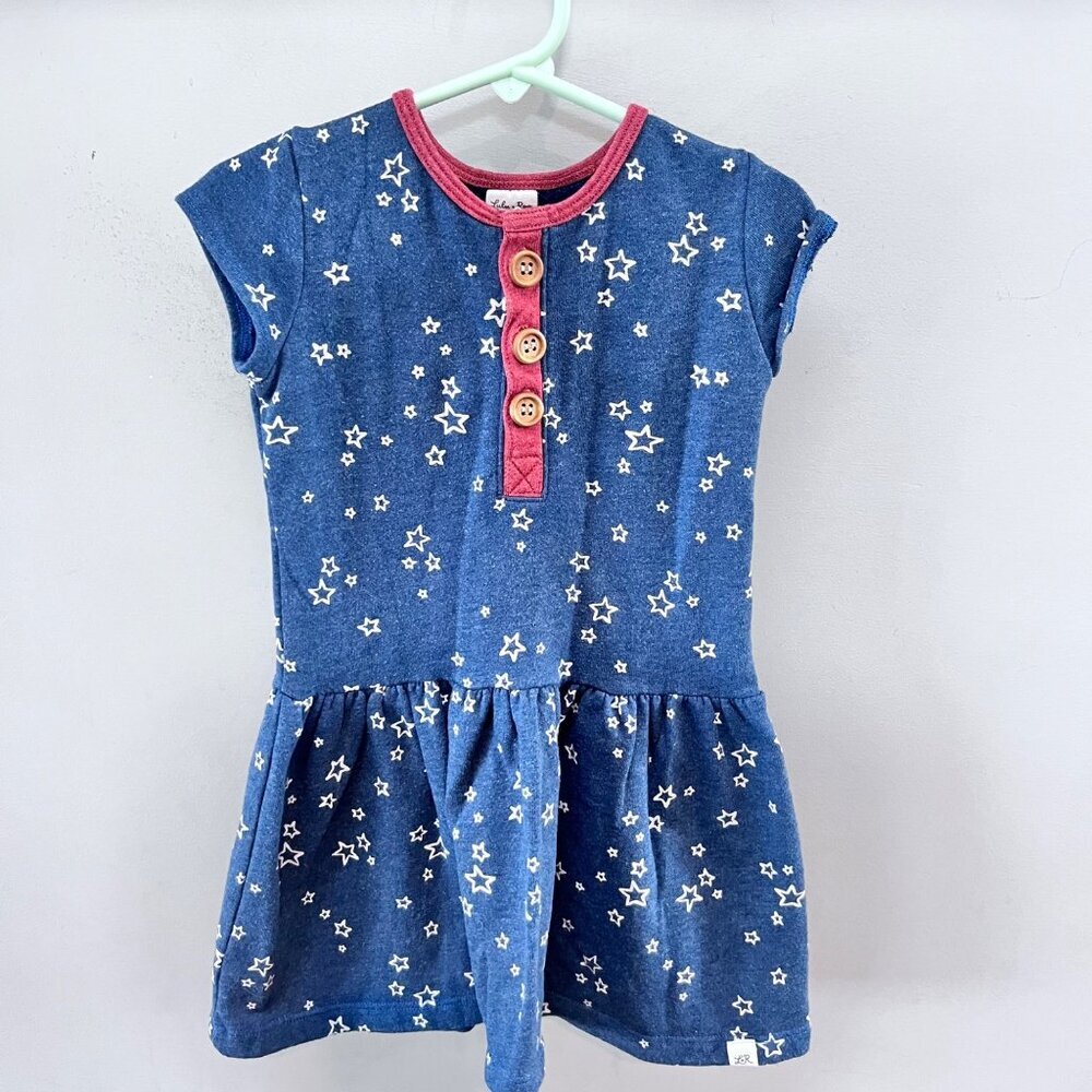 Lulu + Roo Girls Blue Star Print Dress 4T With Pink Trim & Button Detail‎